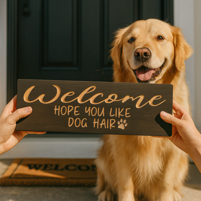 Wooden dog hair welcome sign held in front of happy golden retriever on porch