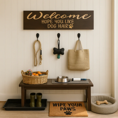 Welcome Hope You Like Dog Hair wooden sign hanging in mudroom with dog supplies
