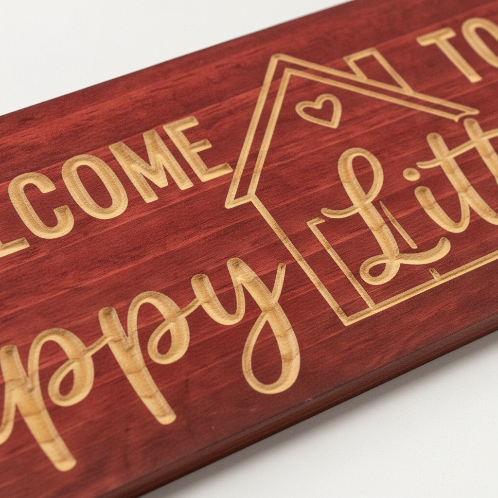 Welcome Door Sign — Welcome To Our Happy Little Chaos — carved lettering detail — Bluegrass Gifts