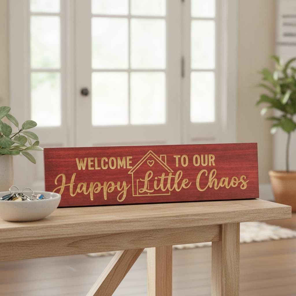 Welcome Door Sign — Welcome To Our Happy Little Chaos — styled in room — Bluegrass Gifts