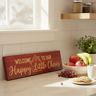 Welcome Door Sign — Welcome To Our Happy Little Chaos — styled in room — Bluegrass Gifts