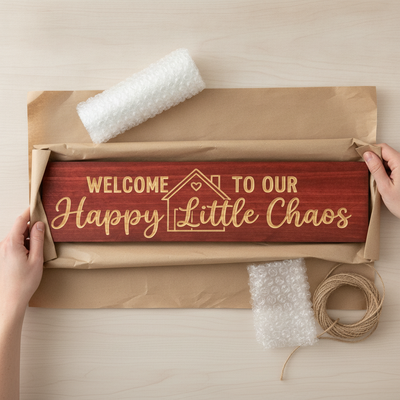 Welcome Door Sign — Welcome To Our Happy Little Chaos — gift-ready packaging — Bluegrass Gifts