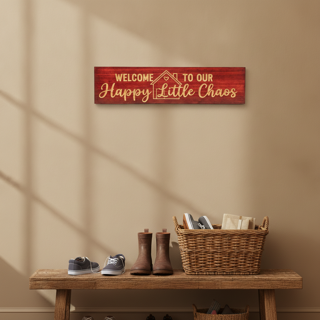 Welcome Door Sign — Welcome To Our Happy Little Chaos — styled on wall — Bluegrass Gifts