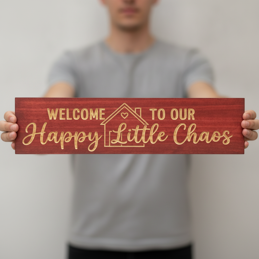 Welcome Door Sign — Welcome To Our Happy Little Chaos — shown to scale, held — Bluegrass Gifts
