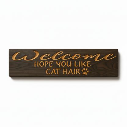 A straight-on product shot of the "Welcome hope you like cat hair" sign, showing the deep CNC-carved letters in the dark-stained solid wood.
