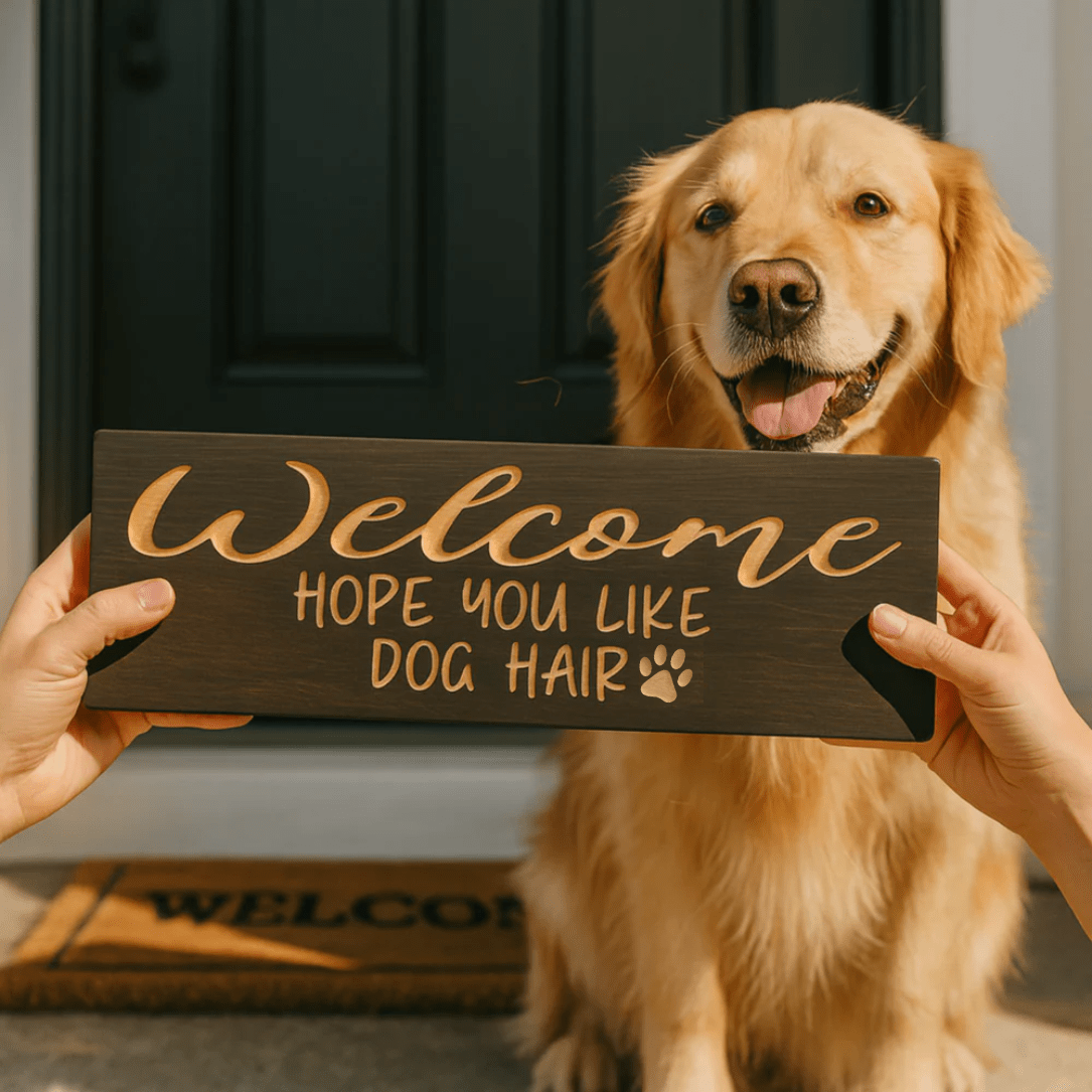 welcome-dog-hair-sign-closeup-carved-letters  - welcome hope you like dog wood sign by Bluegrass Gifts