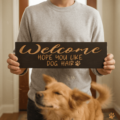 welcome-dog-hair-sign-held-by-person-with-dog - welcome hope you like dog wood sign by Bluegrass Gifts