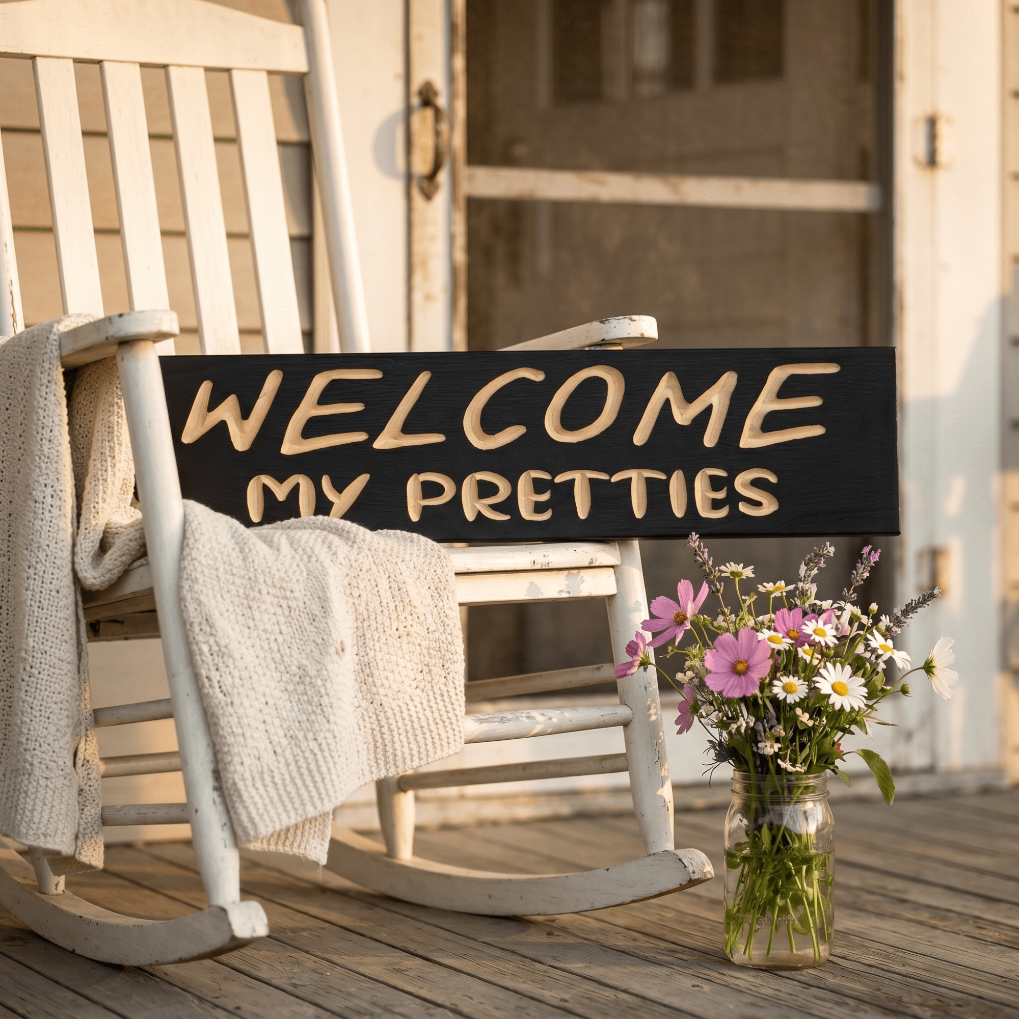 Welcome My Pretties Halloween porch sign resting on a white rocking chair with wildflowers nearby.
