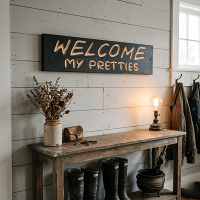 Witchy entryway decor with the Welcome My Pretties sign mounted above a rustic shiplap console.