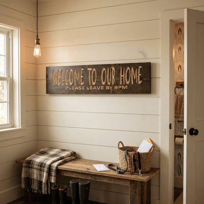 Funny Welcome to Our Home Please Leave by 9PM wood sign hanging on shiplap wall above reclaimed bench in farmhouse entryway