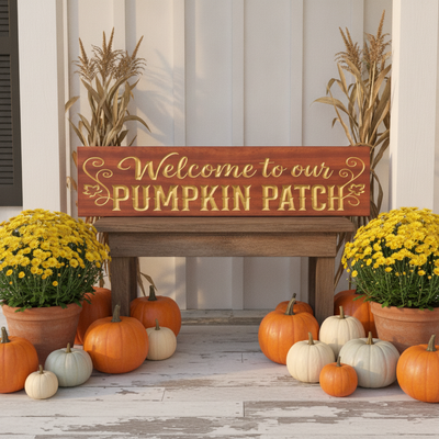 Funny Pumpkin Patch Sign — Welcome To Our Pumpkin Patch — styled in room — Bluegrass Gifts