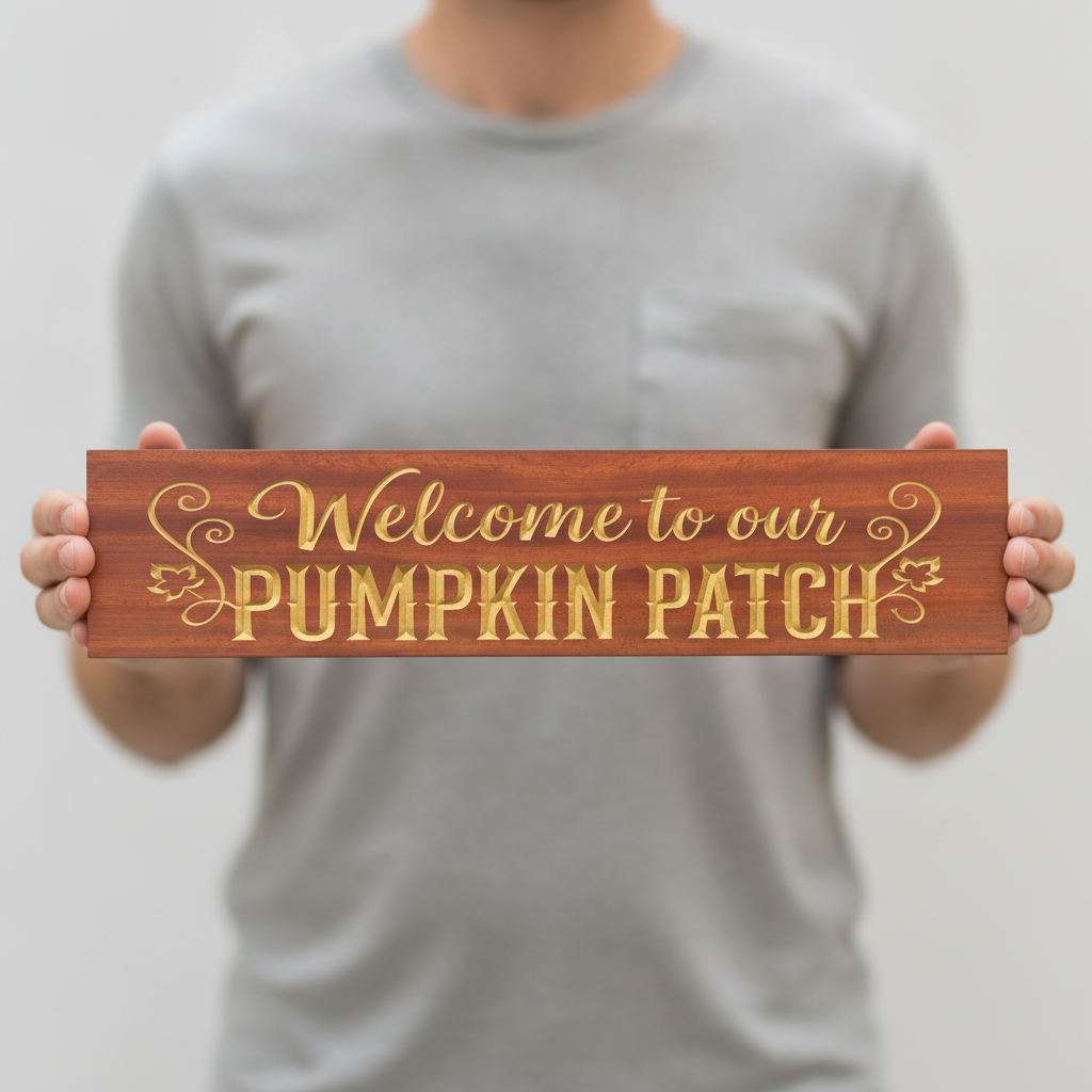 Funny Pumpkin Patch Sign — Welcome To Our Pumpkin Patch — shown to scale, held — Bluegrass Gifts