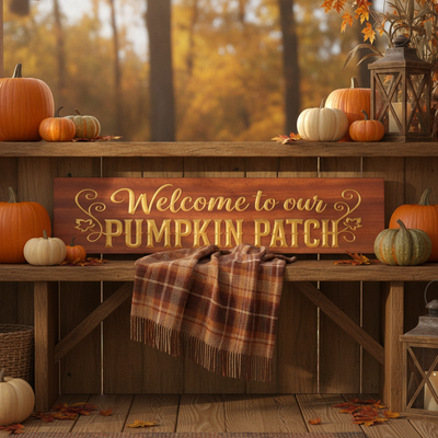 Funny Pumpkin Patch Sign — Welcome To Our Pumpkin Patch — styled in room — Bluegrass Gifts
