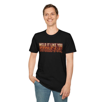 A smiling man stands facing forward, wearing a black "Welder Shirt - Weld It Like You Stole It" tee from Bluegrass Gifts