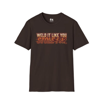 A flat lay of a dark brown "Welder Shirt - Weld It Like You Stole It" tee, neatly folded on a white background, showing the front design