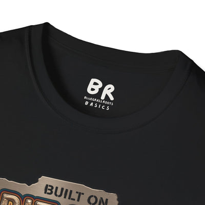 A close-up shows the collar and tag of the black Welding Shirt - Built on Grit & 6011,