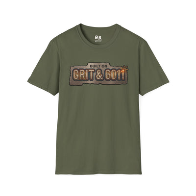 An olive green short-sleeve t-shirt is laid flat, front view, featuring the Welding Shirt - Built on Grit & 6011 design