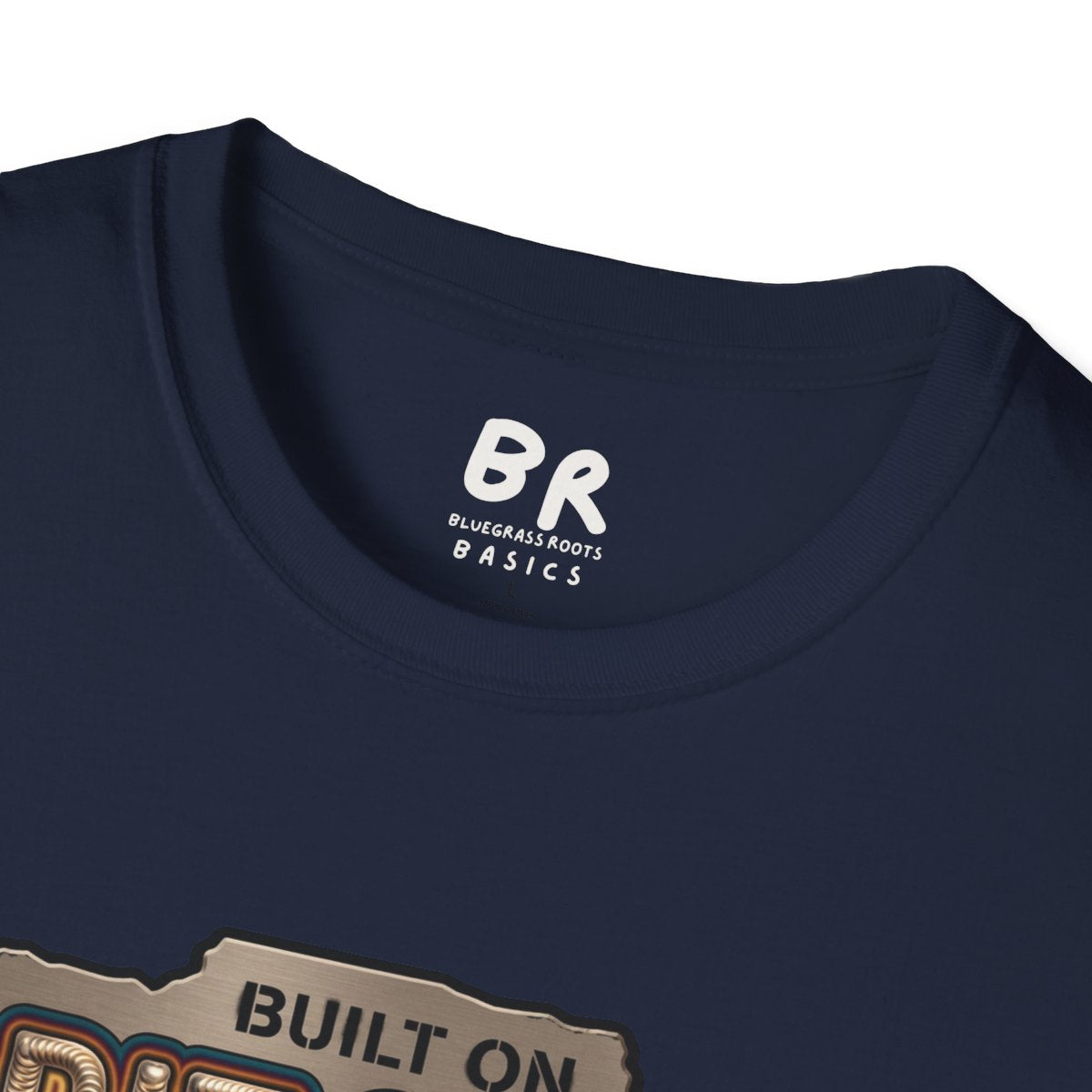 A close-up of the collar tag on a navy blue Welding Shirt - Built on Grit & 6011, with the BR Bluegrass Basics logo