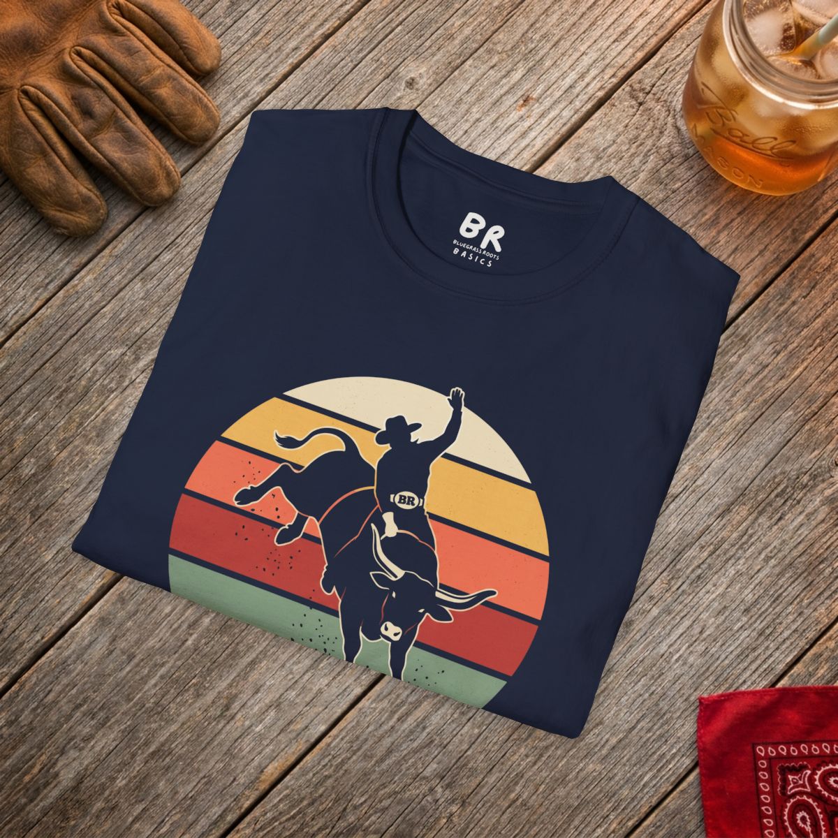 Western Graphic Tee — "Eight Seconds" Retro Bull Riding Shirt in Navy
