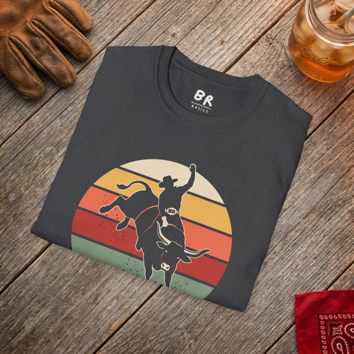 Western Graphic Tee — "Eight Seconds" Retro Bull Riding Shirt in Dark Heather