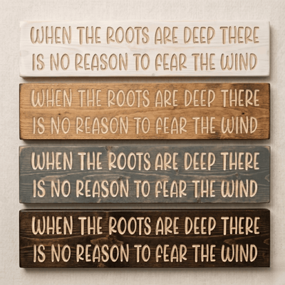 Four finish options for the When the Roots Are Deep inspirational wood sign — white wash, golden mahogany, weathered gray, and dark walnut stains