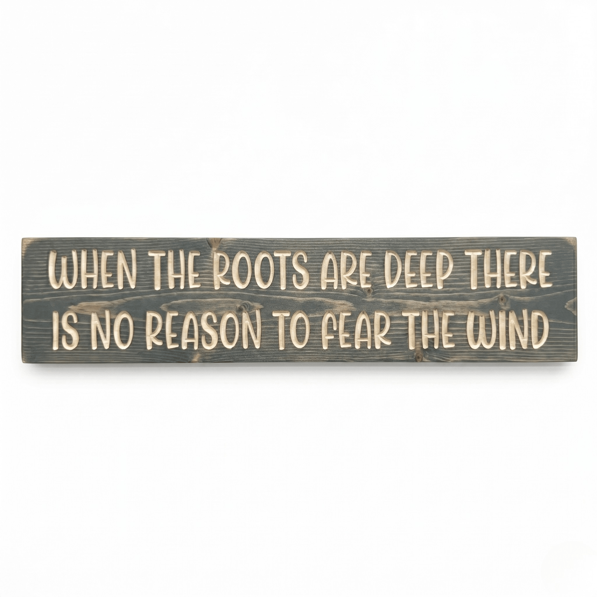When the Roots Are Deep There Is No Reason to Fear the Wind inspirational CNC-carved wood sign in weathered gray finish on white background