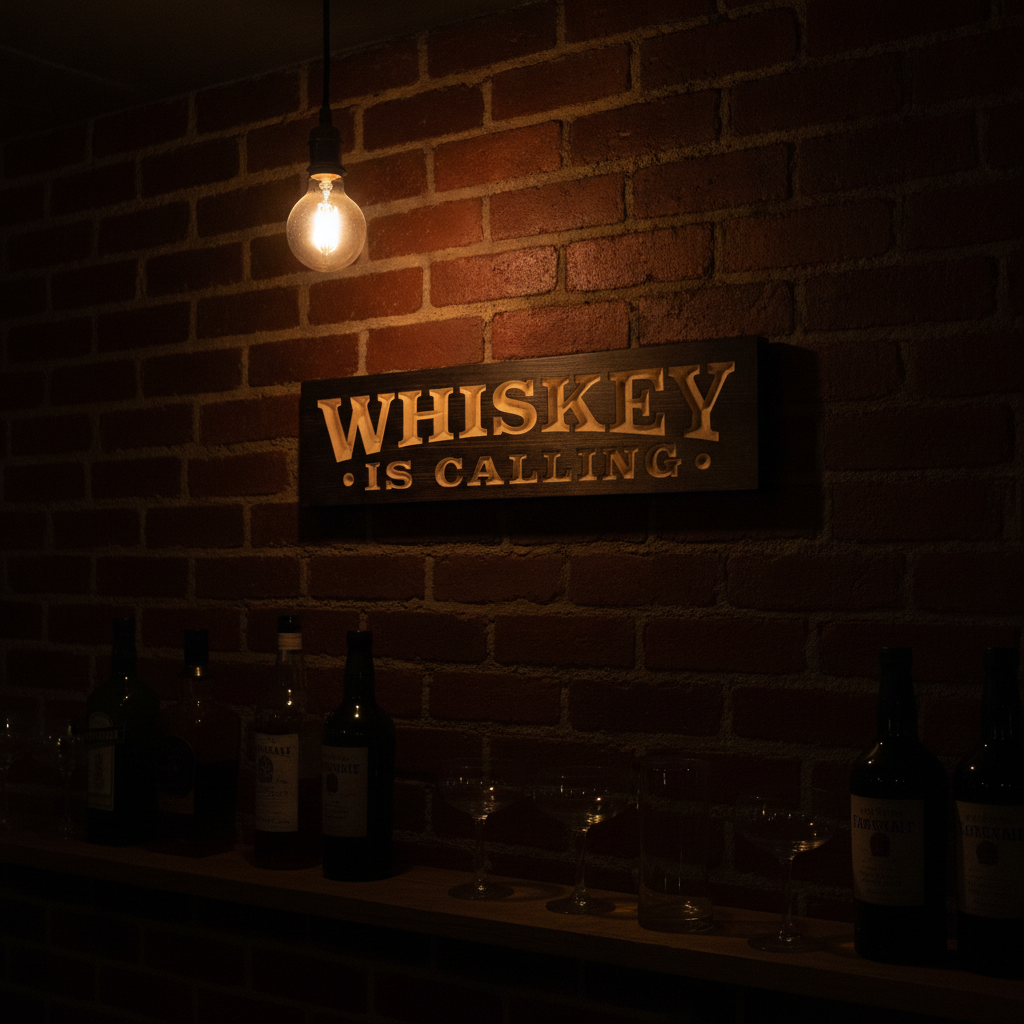 Speakeasy Sign — Whiskey Is Calling Carved Wood — styled in room — Bluegrass Gifts