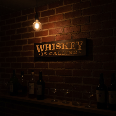 Speakeasy Sign — Whiskey Is Calling Carved Wood — styled in room — Bluegrass Gifts