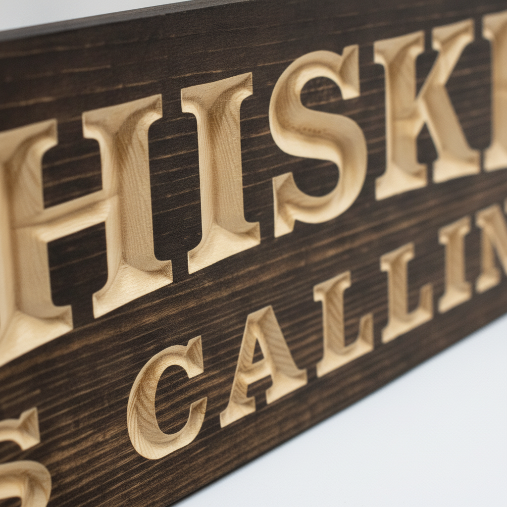 Speakeasy Sign — Whiskey Is Calling Carved Wood — carved lettering detail — Bluegrass Gifts