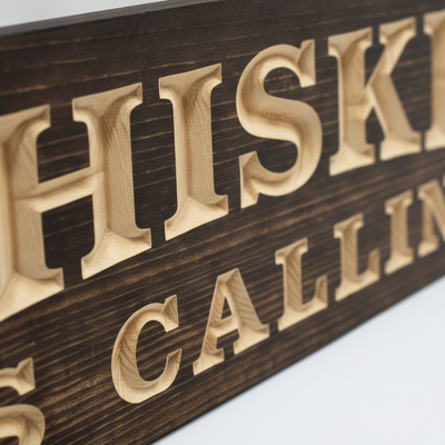 Speakeasy Sign — Whiskey Is Calling Carved Wood — carved lettering detail — Bluegrass Gifts