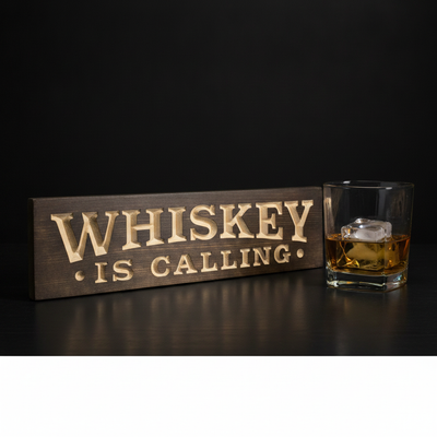 Speakeasy Sign — Whiskey Is Calling Carved Wood — styled in room — Bluegrass Gifts