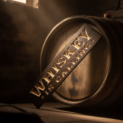 Speakeasy Sign — Whiskey Is Calling Carved Wood — styled in room — Bluegrass Gifts