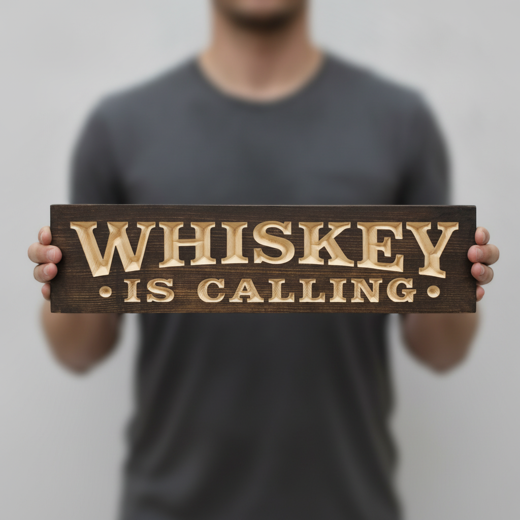 Speakeasy Sign — Whiskey Is Calling Carved Wood — shown to scale, held — Bluegrass Gifts