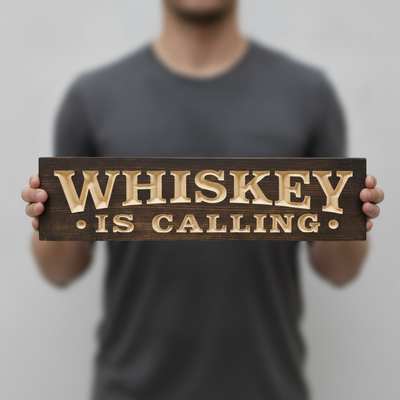 Speakeasy Sign — Whiskey Is Calling Carved Wood — shown to scale, held — Bluegrass Gifts