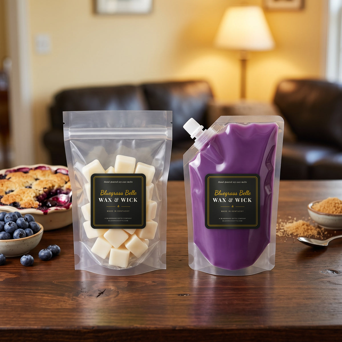 Windowsill Pie squeeze wax melt pouch and wax melt tarts by Bluegrass Belle Wax & Wick