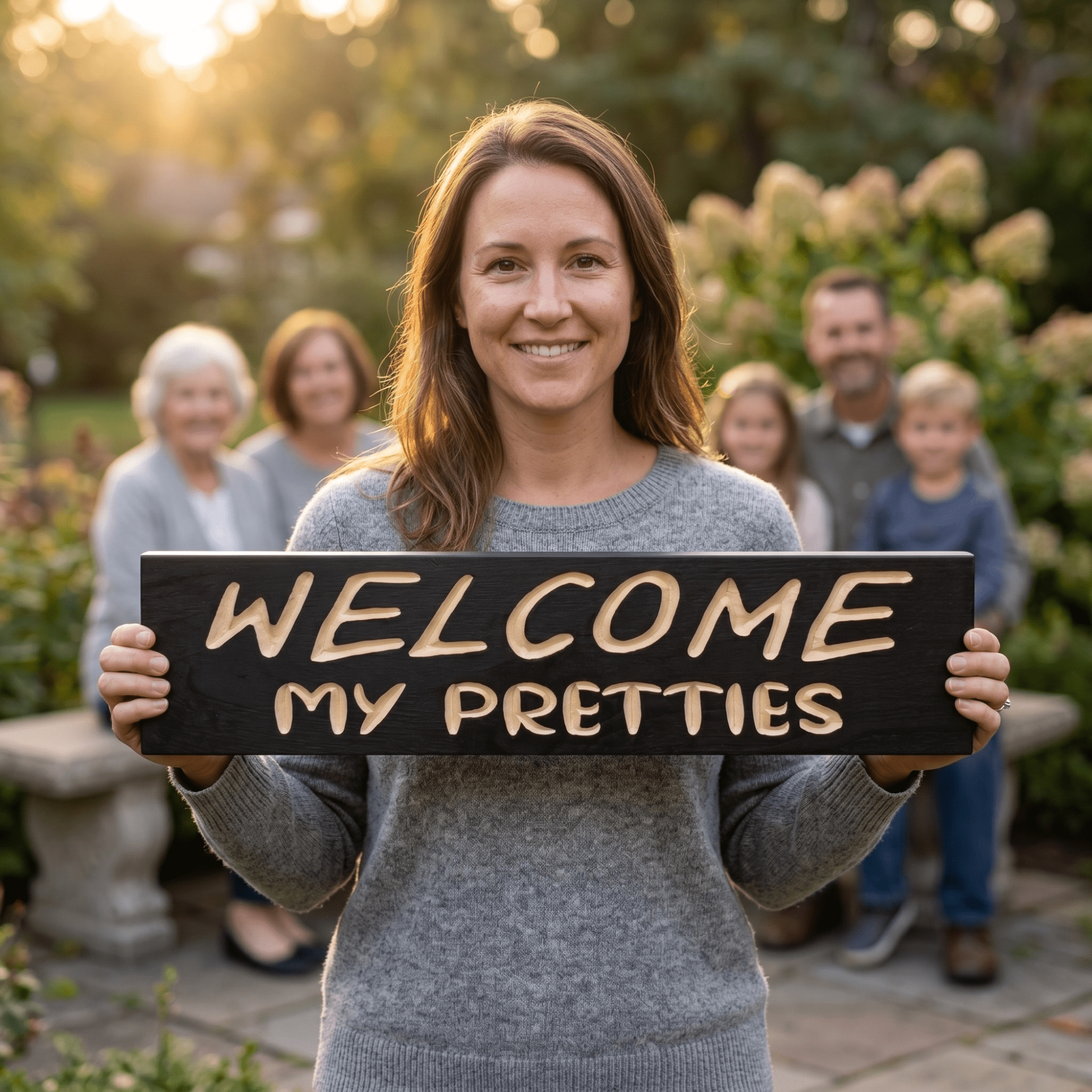 Woman holding a handcrafted witch-themed Halloween welcome sign at a fall garden gathering.