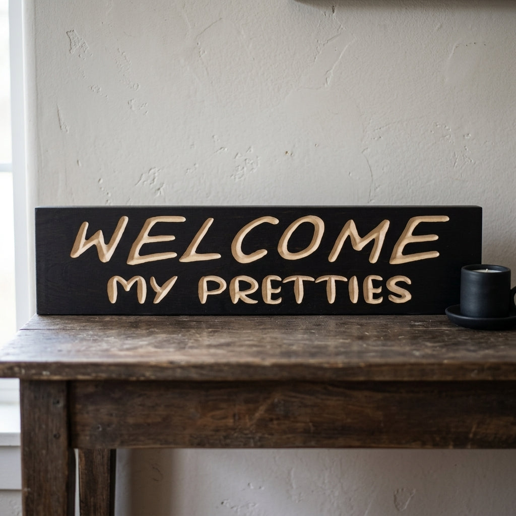 A black Witch Welcome Sign with carved light wood letters rests on a rustic wooden table from Bluegrass Gifts