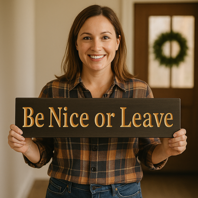Woman holding “Be Nice or Leave” wooden sign – handmade CNC-carved home décor made in USA