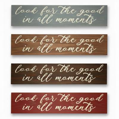 A comparison of four different stain finishes—Gray, Early American, Dark Walnut, and Barn Red—for the Bluegrass Gifts carved sign.