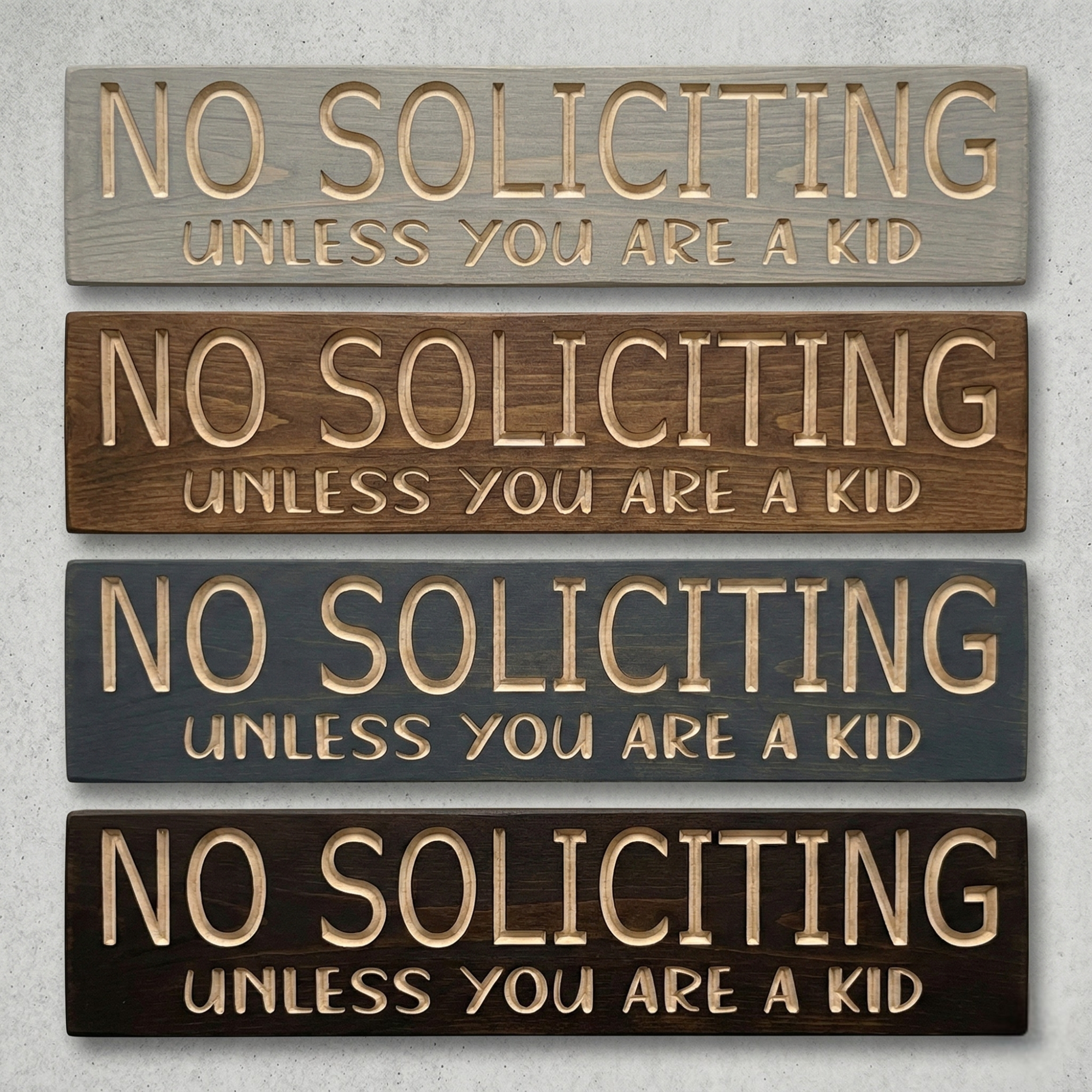 Comparison of four finish options for the No Soliciting sign: Weathered Grey, Classic Walnut, Charcoal Slate, and Espresso.