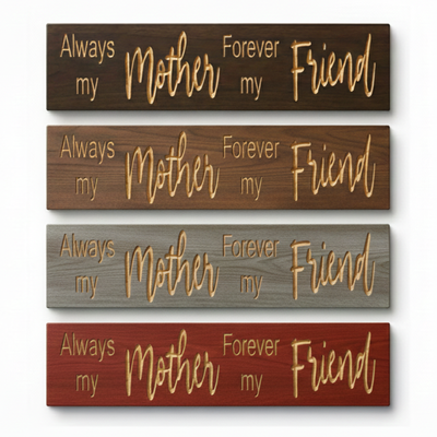 Stack of four "Always my Mother Forever my Friend" signs showing available wood stain options including dark walnut, early american, weathered gray, and mahogany.