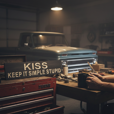 A rugged KISS Keep It Simple Stupid wood sign displayed on a red tool chest in a garage workshop with a vintage truck in the background, perfect for industrial-style man cave decor.