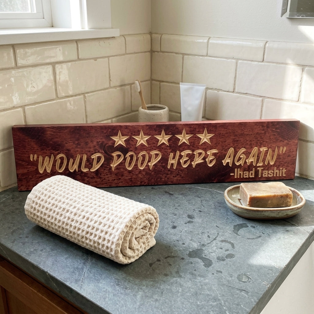 Would Poop Here Again Sign — Funny Carved Bathroom Review