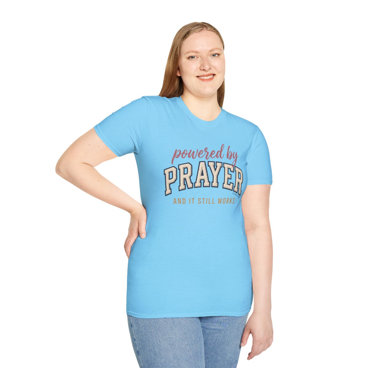 Prayer Shirt — "Powered by Prayer" Varsity Patch Tee in Sky