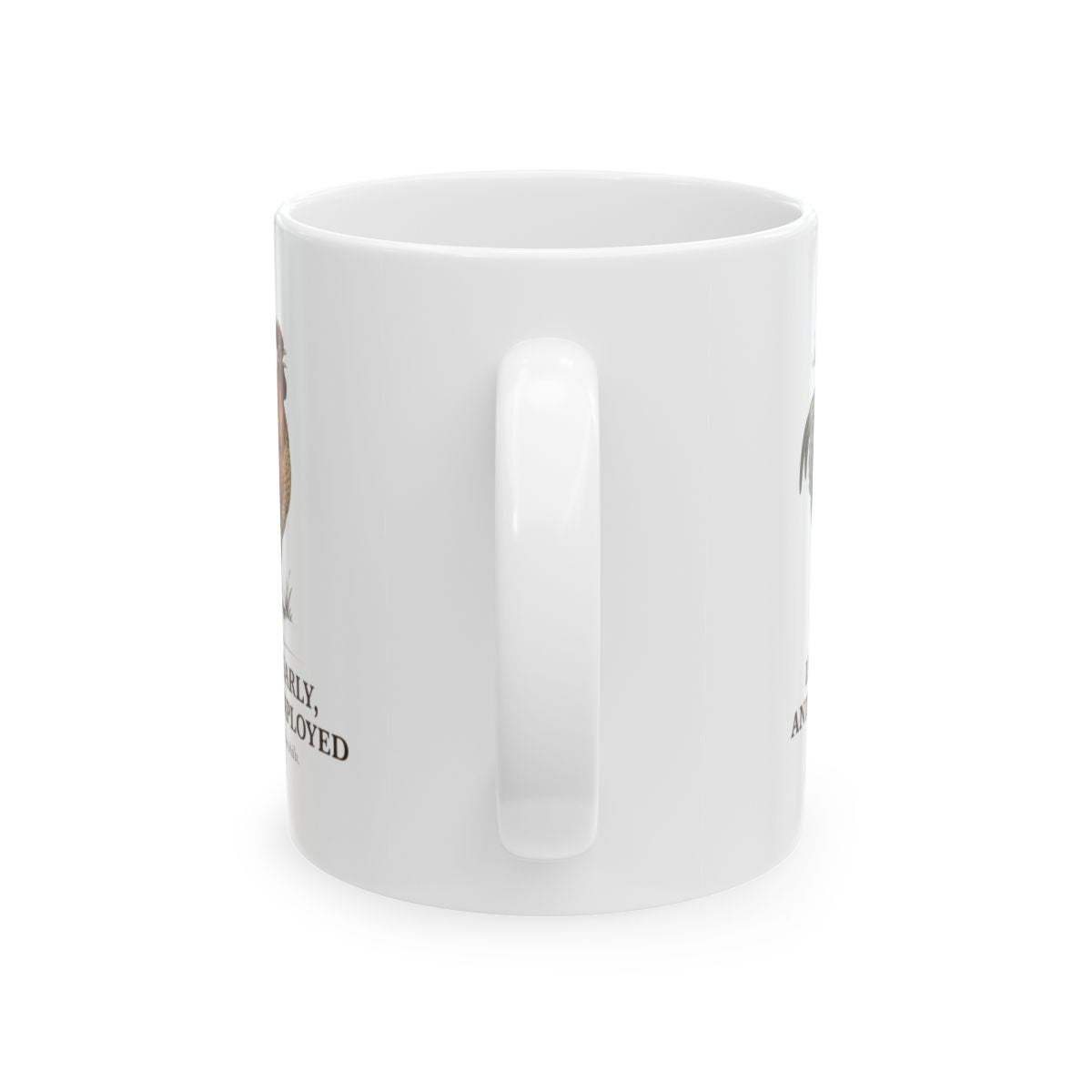 Side view of the white Rooster Coffee Mug, highlighting the handle and partial text on both sides, against a plain white background