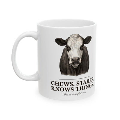 Cow Coffee Mug — "Chews. Stares. Knows Things." Vintage Engraved Black Baldy Mug