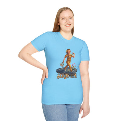 A woman stands with her hand on her hip, modeling the light blue "Nurse Shirt - Scrub Life" tee in a studio setting