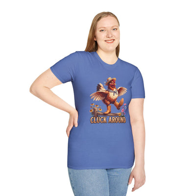 A woman with light hair models the blue Chicken Shirt - Cluck Around, standing with a hand on her hip