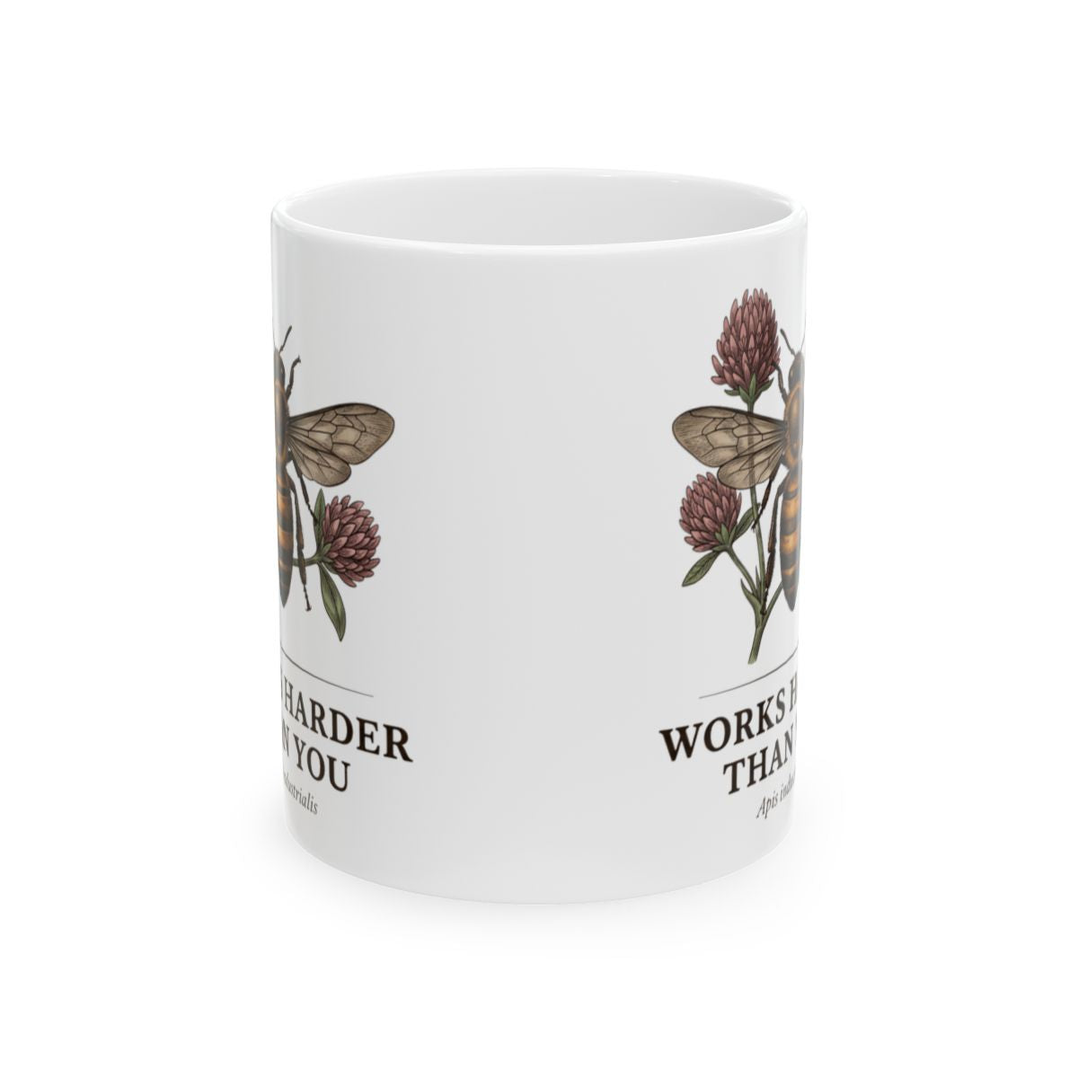 Bee Coffee Mug — "Works Harder Than You" Vintage Engraved Honeybee & Clover Mug