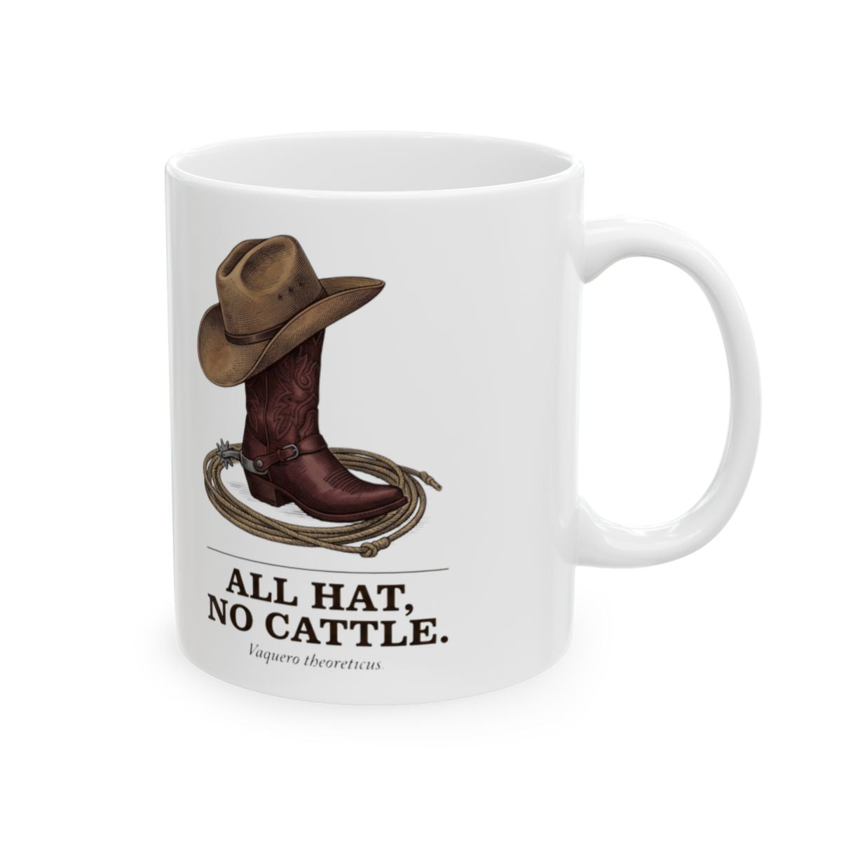 Western Coffee Mug — "All Hat, No Cattle" Vintage Engraved Boot & Hat Mug
